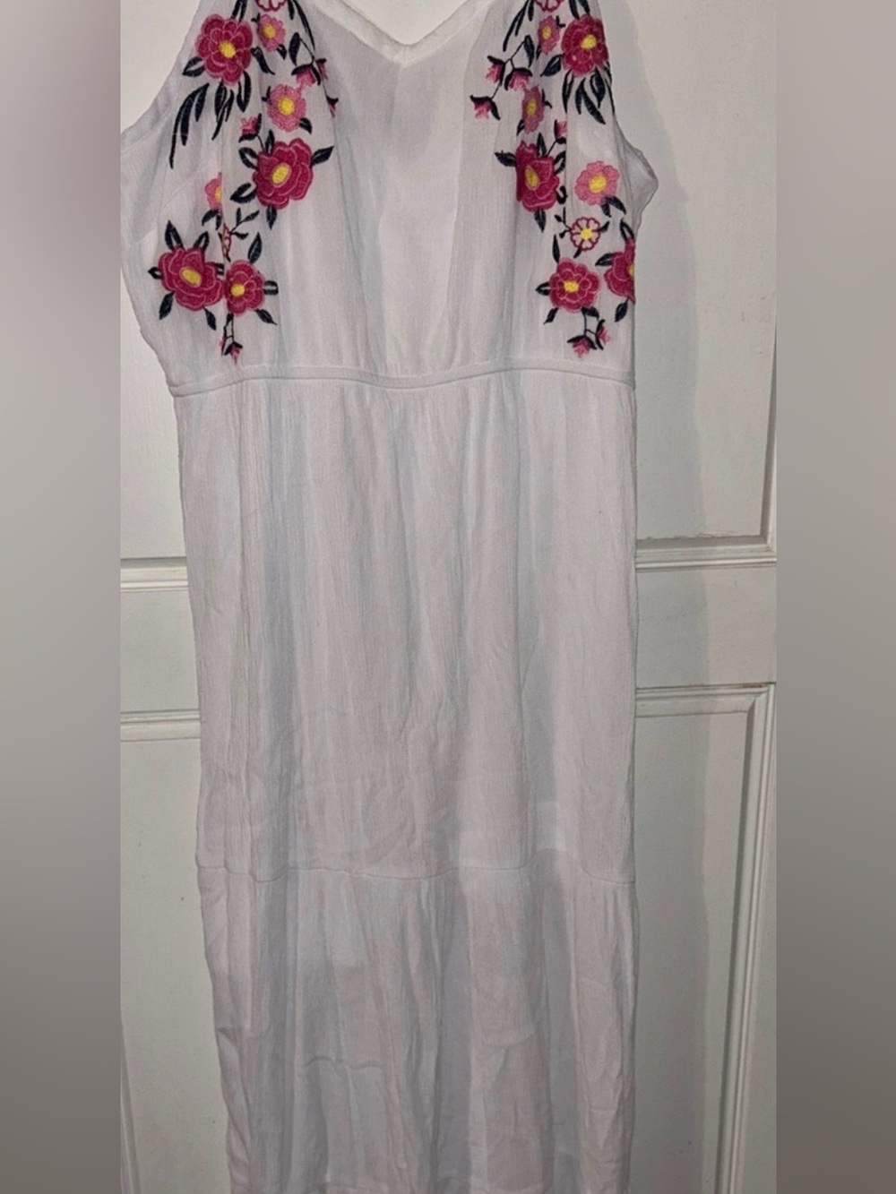 White Maxi Dress with Pink Floral Embroidery